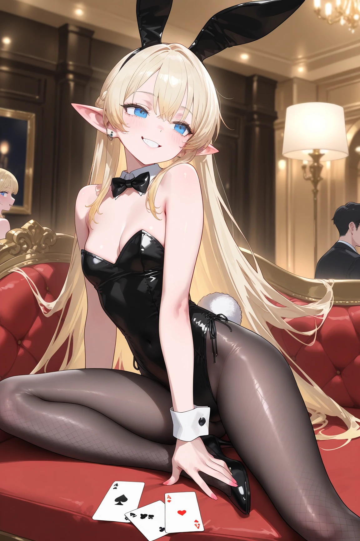 score_9, score_8_up, score_8_up, wet skin, large hanging breasts, pale skin, cute face, elf, pointy ears, blue eyes, (((vivid blonde hair))), ((bangs)), straight hair, long hair, cozy, indoors, , amazing eyes, seductive smile, breath, heavy breathing,  excessive armpit hair,  dripping wet, very low light,  negative_hand, , Expressiveh, bunny girl, leotard, pantyhose, bunny girl outfit, shiny pantyhose, elbow gloves, very hairy,  1girl, legs, pubic hair peek, black bunny suit, black pantyhose, black elbow gloves, squatting, from below