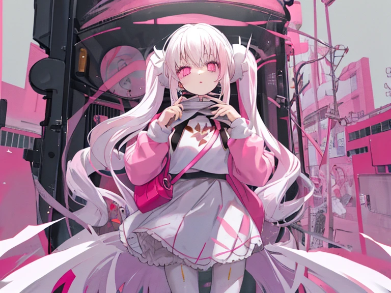 Pink white twintail hair , pink pupils , White jade skin , White skin , mechanical rabbit ears headset , pink body tights , Dark pink jumpsuit jacket , pink&White sneakers , always exciting , smiling ,pink sniper , snowy , peaceful, city , subway station , sitting on a wooden bench , eating a sandwich