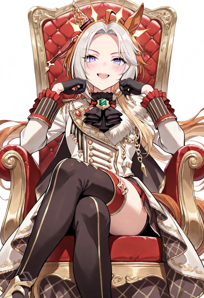 score_9, score_8_up, score_7_up, score_6_up, score_5_up, source_anime, rating_sfw, 1gir, orfevre \(umamusume\), stting on throne, from below, crossed legs, long sleeves, red bow, bowtie, looking at viewer, cape, mini crown, fur trim, black thighhighs, epaulettes, black skirt, brooch, white jacket, jewelry, ahoge, solo, ascot,best quality,masterpiece
<lora:UmaDiffusionXL_UAF-pony:1.0>
