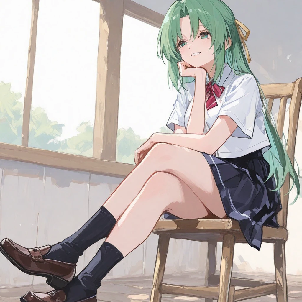 Like that, her hair is long, gray, she's wearing long clothes down to her knees, she's wearing socks, what's the name of the expensive ones, and white shoes, light green eyes?