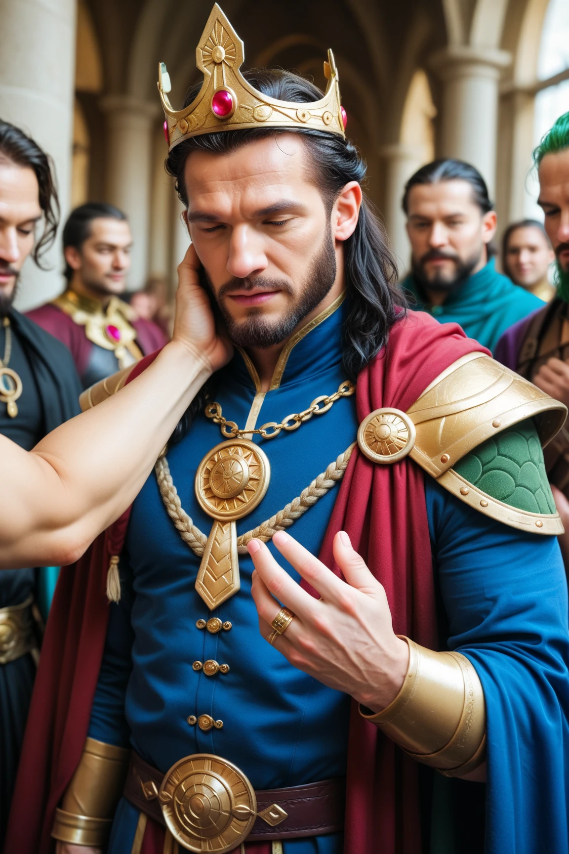 Fantasy, hyperrealistic oil painting portrait photo, art by john william waterhouse; Charles Dana Gibson; charlie bowater; Alphonse Mucha;, of (1 men) 25 y.o, musculine, man in royal regalia wearing a golden wonder woman armor style, covered with diamond. naked, his face is mix between will smith; henry cavill; jason momoa; timothée chalamet; V BTS; Jungkook BTS; Taeyong NCT; Lay EXO; Cha Eun Woo ASTRO;, clean shaven, smooth body no hair, Very handsome golden ratio face, starry night, A giant moon behind the mountains, A tranquil lake reflecting the night, hyper-realistic scene bakground bokeh, ultra detailed, photo-realism, 8k uhd, dslr, red hairband, shy, seductive smile, (photorealistic:1.3), soft lighting, Fujifilm, 85mm, f/4.0, lens flare, high detail, cinematic lighting, (best quality:1.0), high quality, masterpiece, 16k, anatomically correct, award winning, best quality