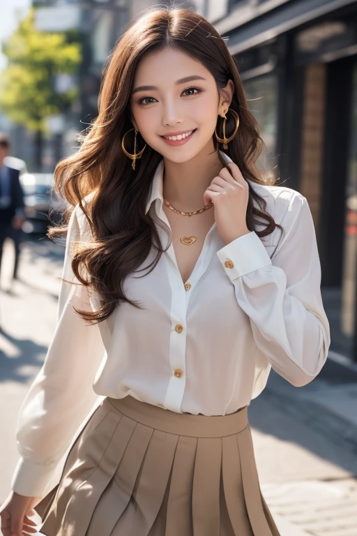 masutepiece, Best Quality, Photorealistic, Ultra-detailed, finely detail, High resolution, 8K Wallpaper, 1 beautiful woman,, light brown messy hair, in a business suit, sharp focus, Perfect dynamic composition, Beautiful detailed eyes, detailed hairs, Detailed realistic skin texture, Smiling, Close-up portrait, Model body type、((Super long brown hair:1.2))、((Hair with loose waves inside:1.2)),((shy smile:1.3)),((gold necklace＿Large earrings:1.2)),full body shot、(((full figure supermodel standing, full body shot, entire body in frame))),((white long sleeve button up blouse_with collar_Remove up to the second button＿Brown Wrap Skirt_tweed wrap skirt:1.3)),((With a smile_running towards here_Long hair fluttering:1.3))running towards here、long hair flowing beautifully、hug me、spread out big、((full body shot:1.3))、((full body shot:1.3))