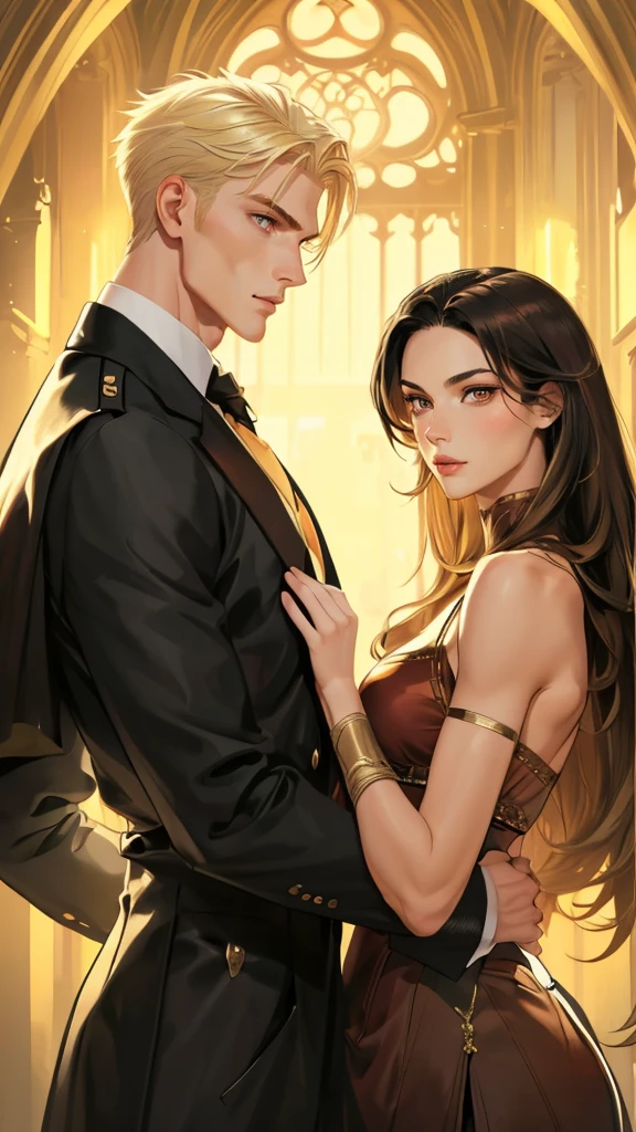 (masterpiece, 最高品質, bestquality, official art, beautiful and beautiful:1.2), Very detail, (a man sitting on a chair woman standing behind), ((1 male, height 180 CM+1 girl, height 167 cm.)), (1MAN has muscles, tattoo on neck, looking at the audience), mafia, (1 beautiful girl, Black Hair, White bra)