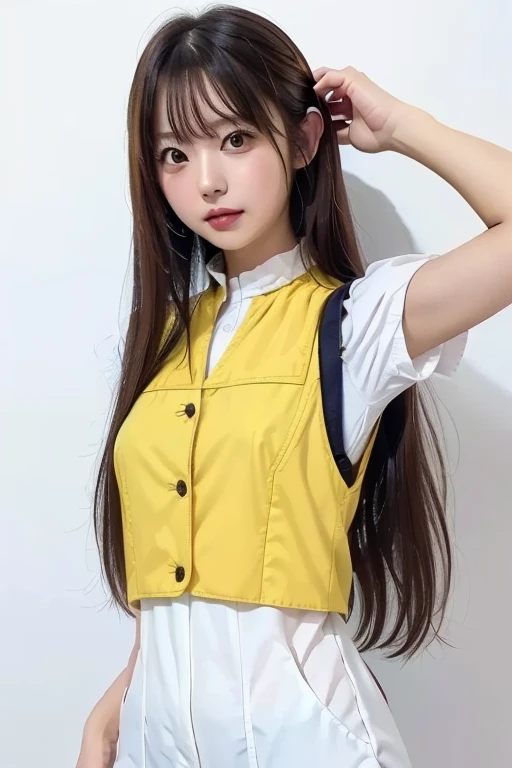 a girl mixed of french and japanese, around 17 years old. straight long hair with thin bangs. cool but ethereal expression, wearing a yellow shirt.
