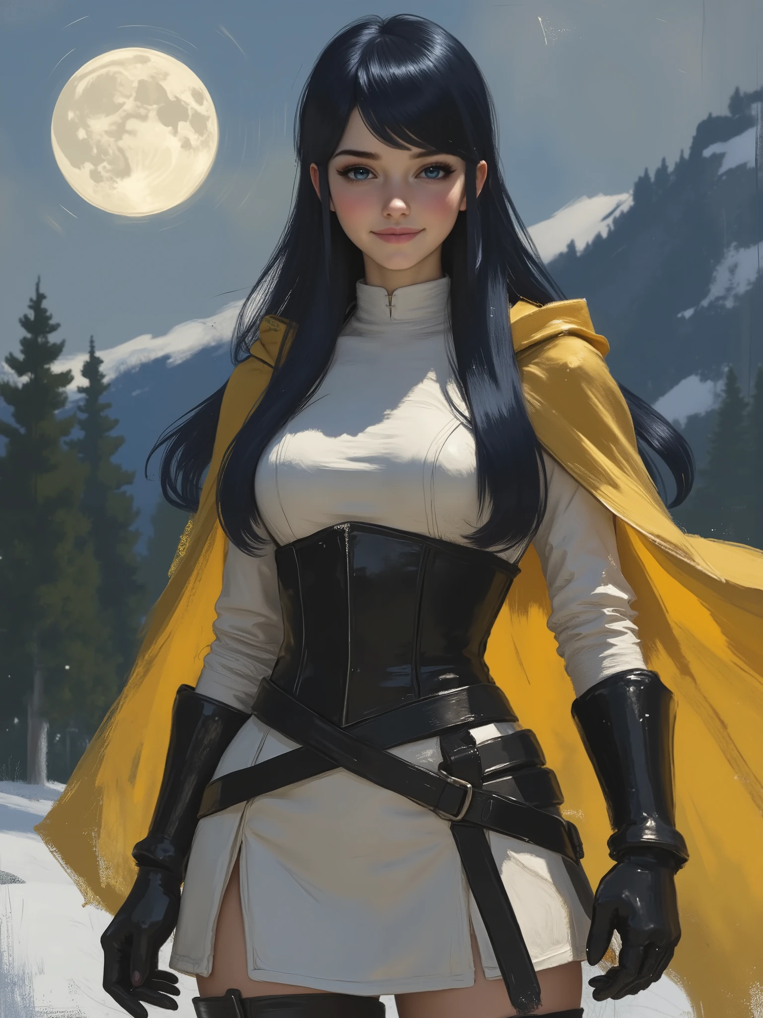A very beautiful 22 year old a lady paladin warrior, (((long hair))), (((Black hair))), (((shiny hair))), (((beautifully detailed eyes))), (((DeepSkyBlue eyes:1.5))), (((bright eyes))), (((beautiful and detailed lips))), (((candy pink lips:1.5))), (((thin lips))), (((light smile))). (((Full body view, dynamic pose, standing:1.5, graceful pose))), (((she stands in a powerful pose, with one leg bent and arms on her waist))). (((Pearl white leather armor, pearl white leather skirt, pearl white long-sleeved shirt, black corset, golden yellow bright cape waving in the wind, black belt, black paladin gauntlets))). (((RAW, professional photograph))), (((high resolution))), (((Masterpiece, high quality, UHD, 8k, 16k))), sharp focus, no blur, (((film grain))), dynamic angle, wide angle, panoramic, stunning image, epic landscape, soft lighting, cinematic lighting, top quality, (Best Quality), vibrant, colorful. Midnight, milky Way, detailed full moon, in the distance there is a snowy forest as a background, 1mountain in the background, blurred background, ((depth of field)), bokeh.