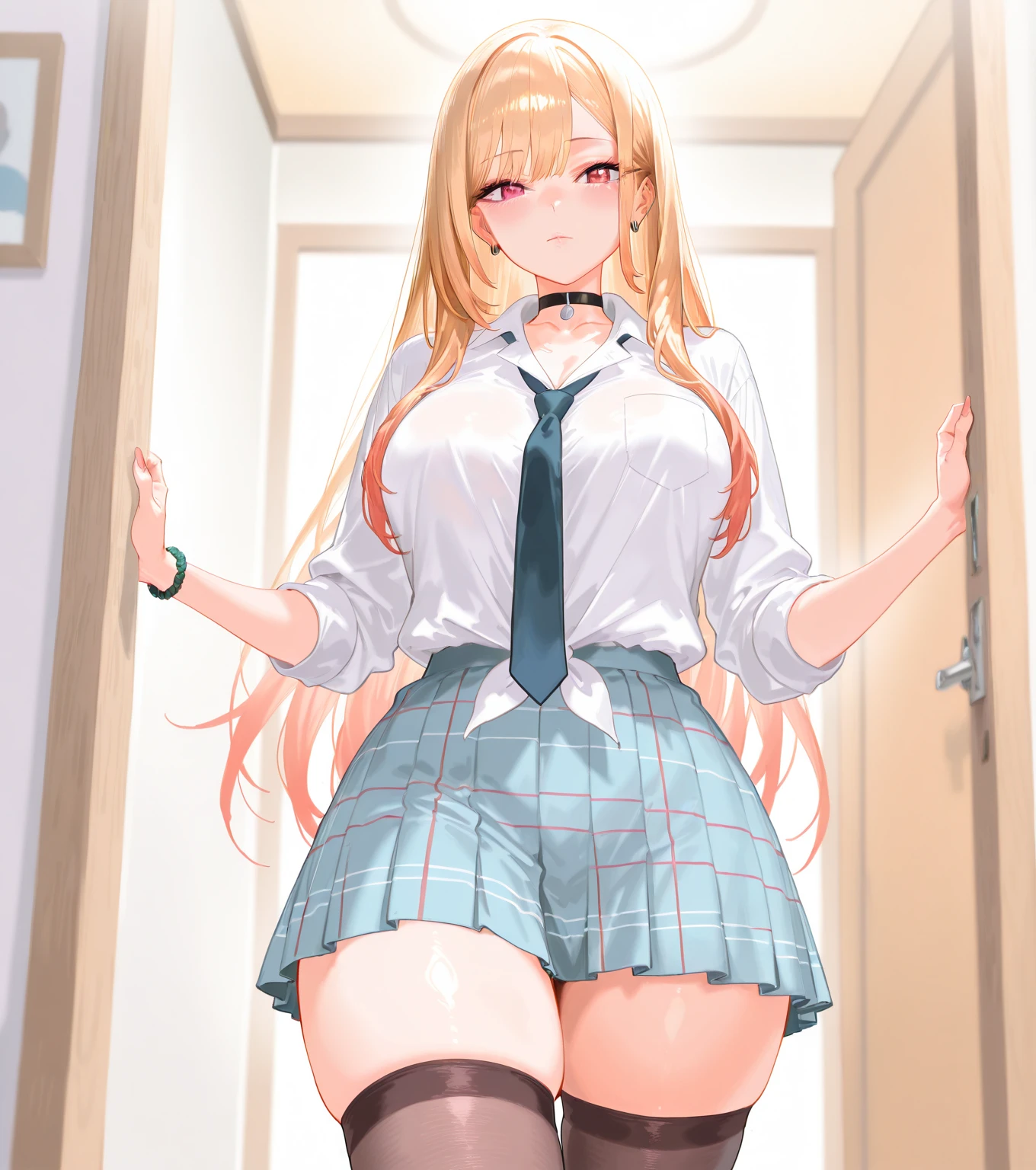 Cute anime girl with big tits really desperate to pee with hands on crotch to holding her pee