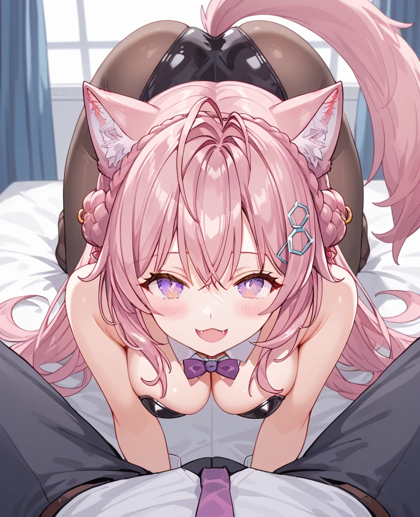 ((masterpiece, best quality)), high resolution,ultra detailed, detailed background, perfect lighting,detailed beautiful eyes,perfect pussy,1girl,nsfw,embarrassed,blush,look at viewer,steam,sweat,show off pussy,show off nipple,aroused,saliva,(open mouth,oral),ahegao,(evil smile:1.2),face focus,(from above:1.1), (pov:1.4),(front view:1.2),spoken heart,drool stringing,fisheye lens,stick tongue out,1boy,1penis,(vaginal,sex:1.3), boy on top,face to face,hetero,(paw pose),fair skin,(flat chest),diona,(bangs up knot),forehead