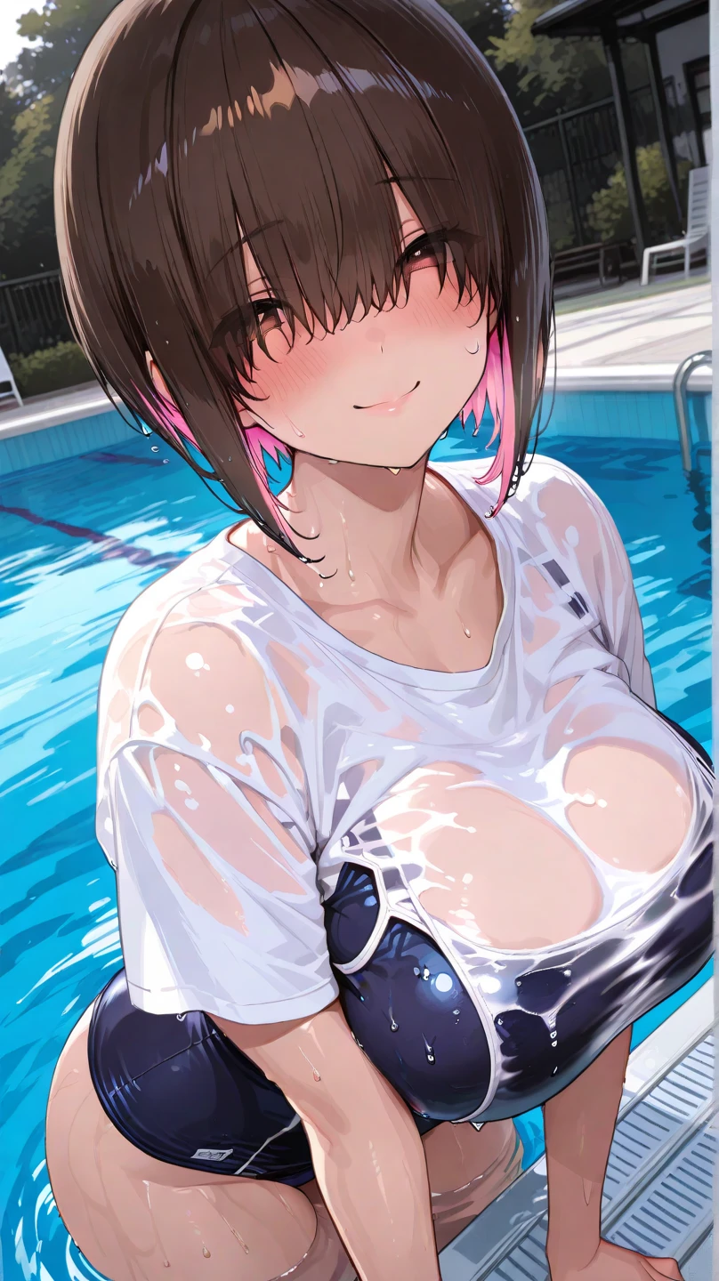 , 1 girl, shower, short black hair, yellow eyes, white swimsuit, armpits, close up, wet, (ultra-detailed:1.1)