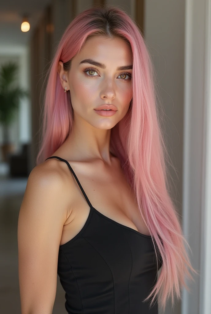 Capture a woman with vibrant pink hair and a black shirt, showcasing her ombre purple and pink hairstyle. Explore the artistic potential of a shallow depth of field, emulating the nostalgic charm of vintage photography achieved through older lenses or aperture settings. Emphasize the authentic texture and pores of her skin, crafting a true-to-life and organic visual experience. Beautiful eyes. Sexy position