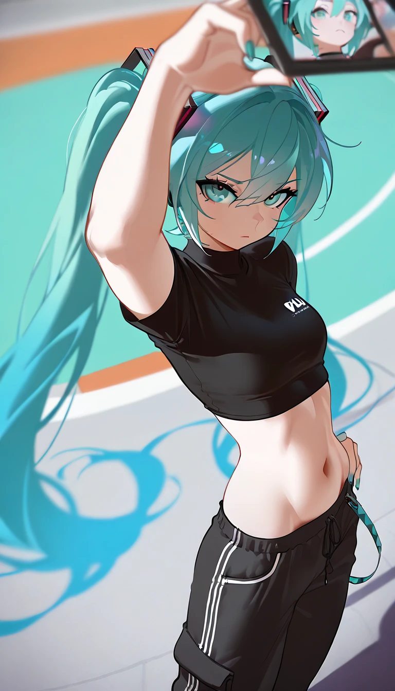 (Hyper Quality), [Standing, Upper Body, Close-up of Girl:0.6], Slim Body, Perfect Body, Mini Skirt, High Neck Sports Bra, Gradient Background, Anime Character, (Cute Girl:1.1), Posing