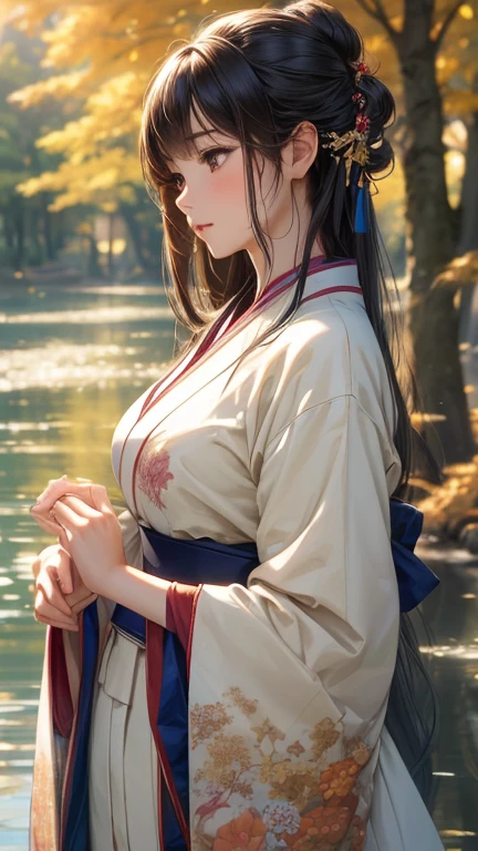 masterpiece,Japanese anime style,Beautiful girl with long straight reddish brown hair and blue eyes,light smile,walk in the woods, Wearing strapless gorgeous Hanfu,The breeze blew her face,petals falling from the sky,The skirt flutters,Elegant picture