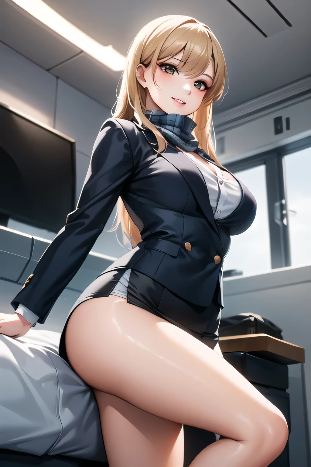POV、(((Chest exposed from disheveled uniform)))、((((sexually seducing))))、bra very、((a blond))、beautiful  Girl、Large beautiful breasts、cleavage of the breast、A slender、オマンコ、(((s Office)))