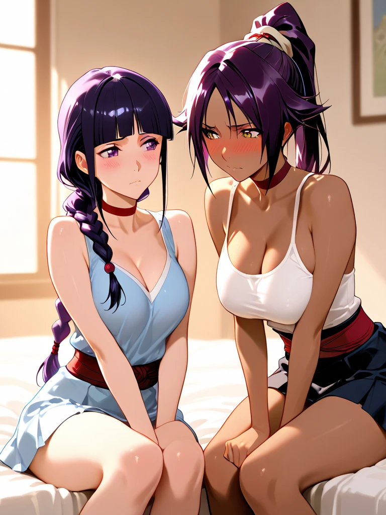 ((Best quality, 8k, Masterpiece :1.3)), dramatic lighting, Konan Naruto Akatsuki, beautiful woman, 1girl, huge breasts :1.3, (firm abs, slender figure :1.1), lusty, short purple hair, orange eye,(panties :1.1), ultra-detailed face, detailed lips, detailed eyes, double eyelid, hot couple, boyfriend, man friend, double pose, bed, boudoir