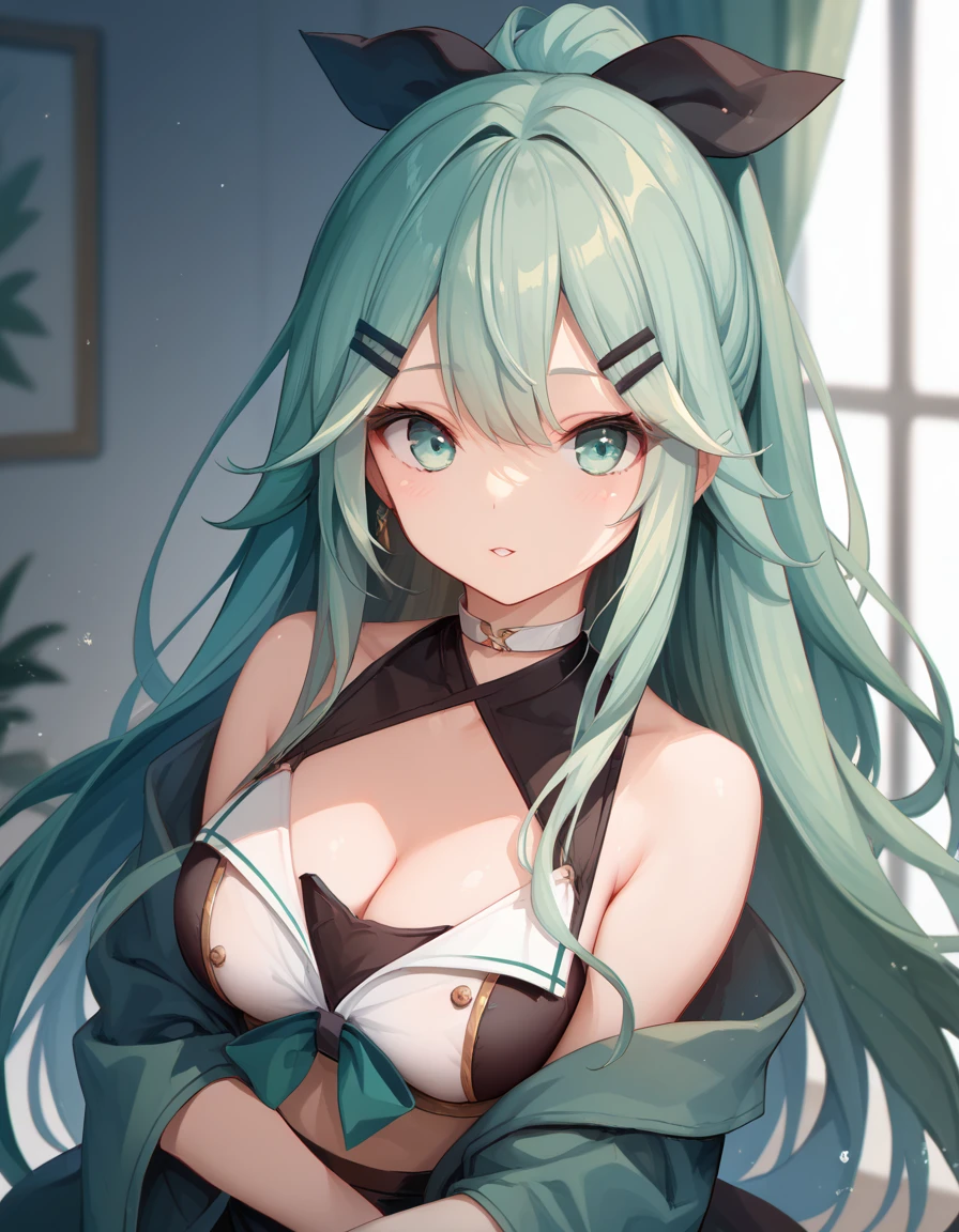 Pure sky，Plump legs，Green gem setting，Anime girl standing gracefully on the ground，Black cape and green hair, rogue anime girl, Anime girl standing, Wearing a cloak on the blasted plain, asuka suit under clothes!, Cyborg girl, badass posture, mechanic punk outfit, anime styled 3d, render of a cute 3d anime girl, gapmoe yandere grimdark, Female character，musculature，Abs，Glowing green eyes，Black hair with green gradient，extra very long hair，Bunched hair，Dull hair，（Muscle 2.0），Tomboyish，Be red in the face，looking at viewert，Elaborate Eyes，huge tit，1.5，ssmile，Openwork black silk，Straight big breasts，strappy，Black cutout miniskirt，White bandeau，High-fork panties，Toothless smile，Lower breast，Mechanical wind，There are no cities，Side breasts，Excitation，Top crotch，Sexy lower abdomen，Camel toes，Sexy underarms，See panties
