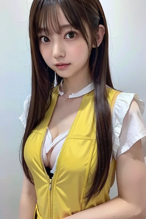 top-quality、超A high resolution、(Photorealsitic:1.4)、女の子1人、White and yellow idol costumes、Choker with white ribbon、(yellow-green hair:1)、Bun hair tied in two upper buns、a closeup、8k、a beautiful detailed girl