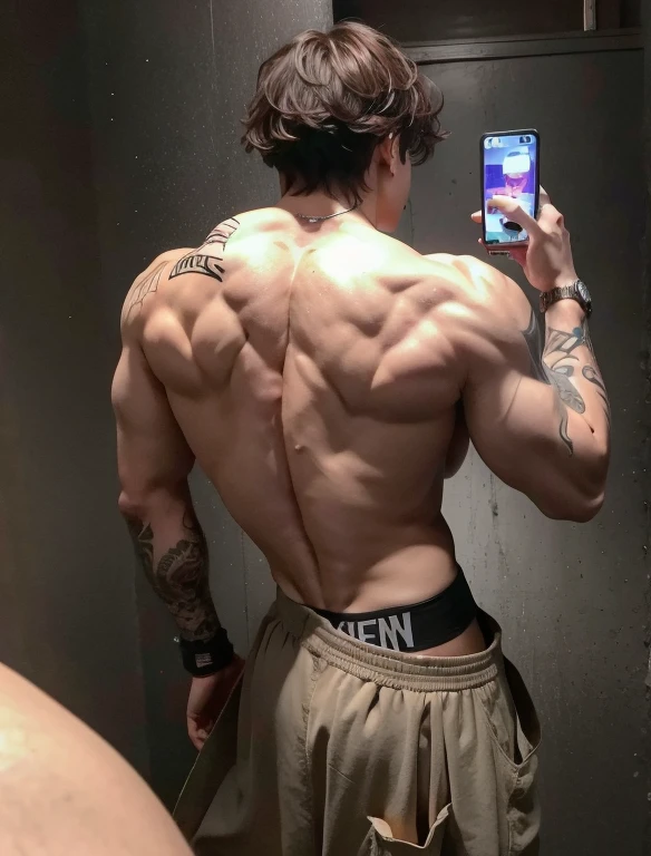 there is a man that is taking a picture of himself in the mirror, crescimento total a partir das costas, flexing big muscles, exaggerated muscular physique, ombros podem ser vistos, in crescimento total a partir das costas, huge muscles, exaggerated physique, posando e flexionando, ombros grandes, big muscles, exaggeratedly large physique, Back photo, absurdly huge physique