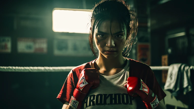 an angry young woman in her 20s, in orange naruto clothing, blurred background of a fighting ring, high definition, cinematic