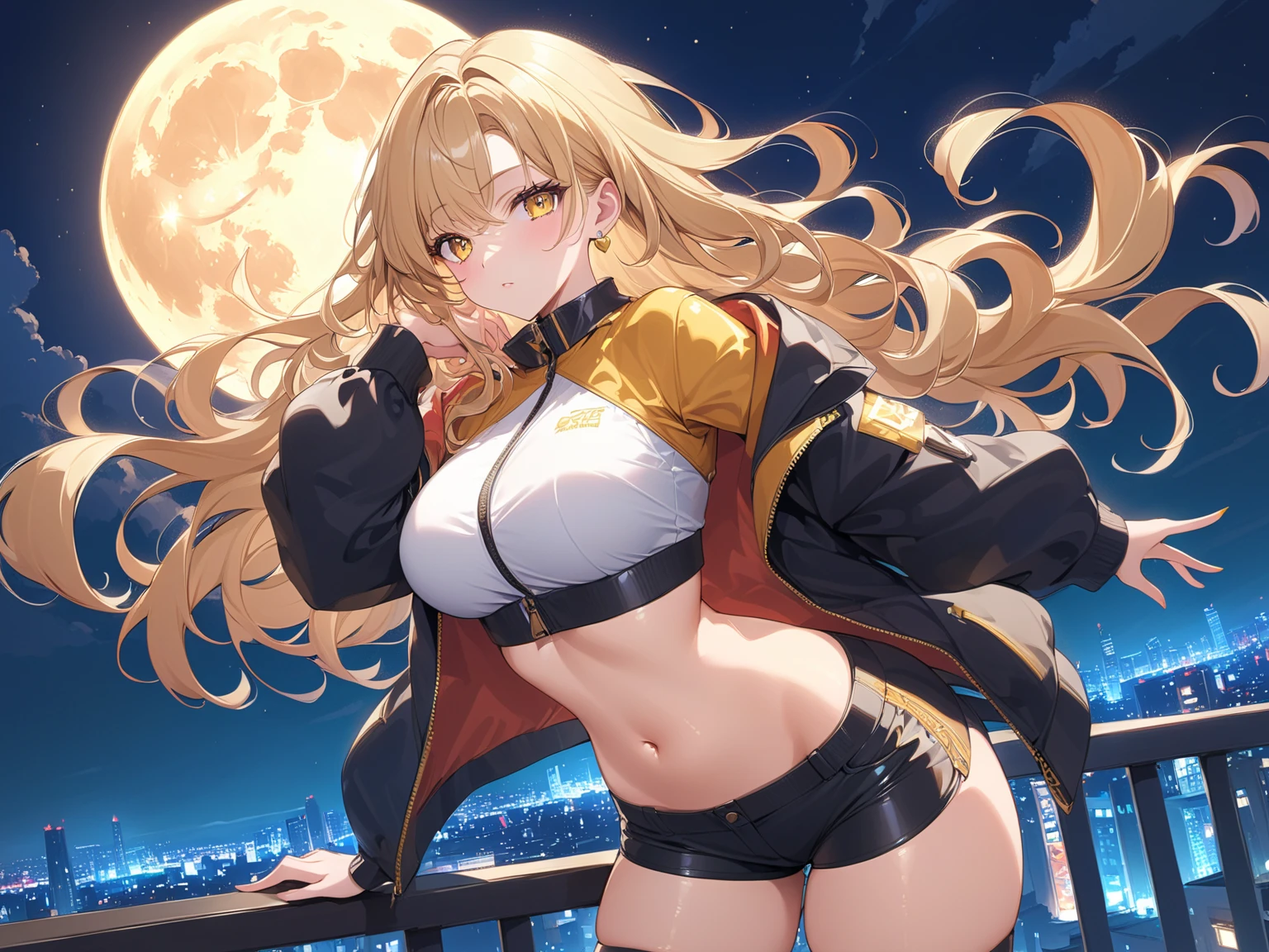 (masterpiece, best quality:1.2), intricate details, 1girl,sky striker ace raye,cityscape ,blue eyes,Blond hair, black headdress.Dark brown tie,sitting on the roof of a building,raining,stars,night,narrow bust,frontal view,(mature female:1.2),huge breasts:1.6,thin body,close up