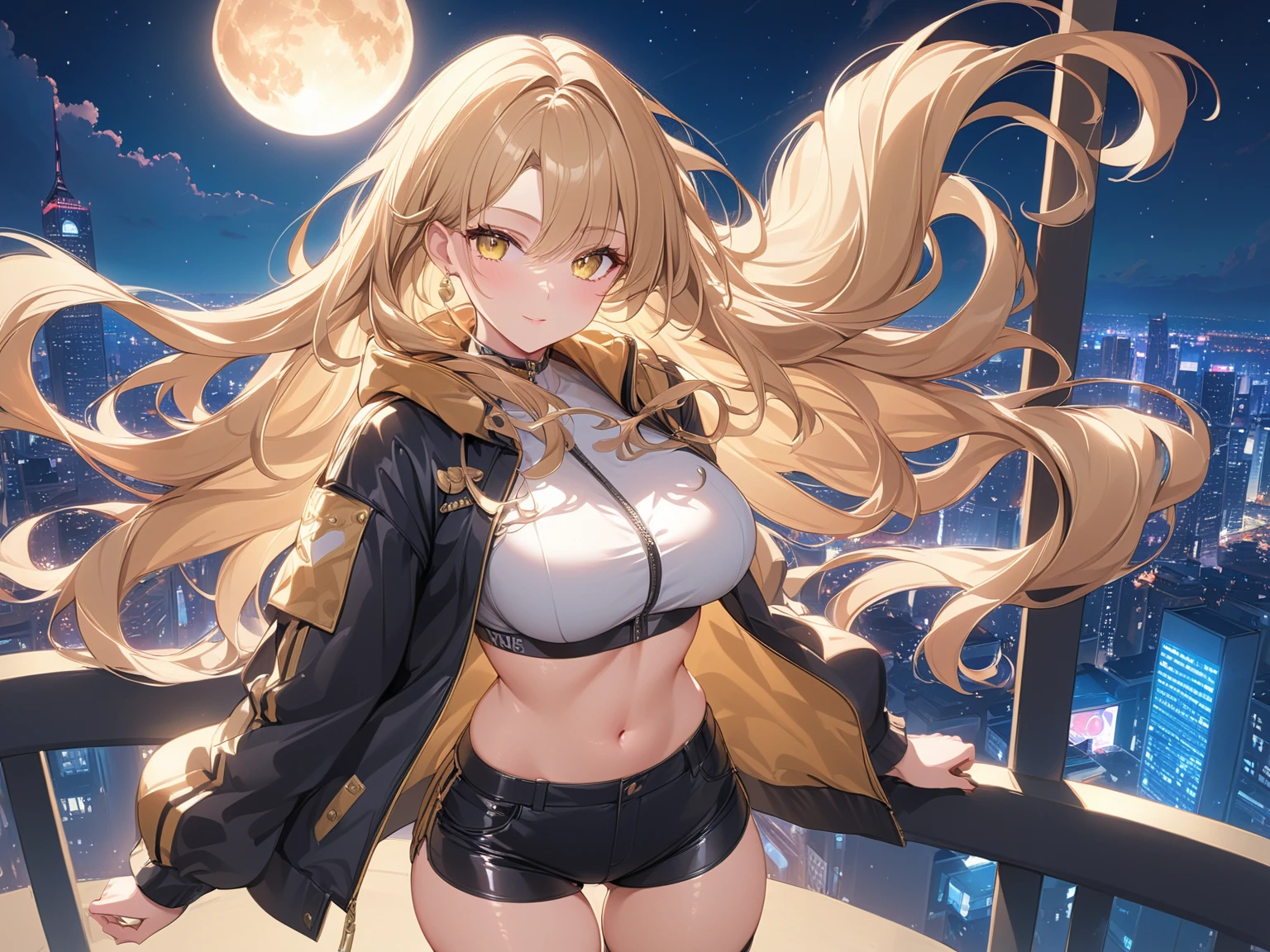 (masterpiece, best quality:1.2), intricate details, 1girl, solo, sky striker ace raye,cityscape ,blue eyes,long Blond hair, black headdress.Dark brown tie,on the knee, on the rooft of a building,raining,stars,night,narrow bust,frontal view,(mature female:1.2),huge breasts:1.6,thin body,close up