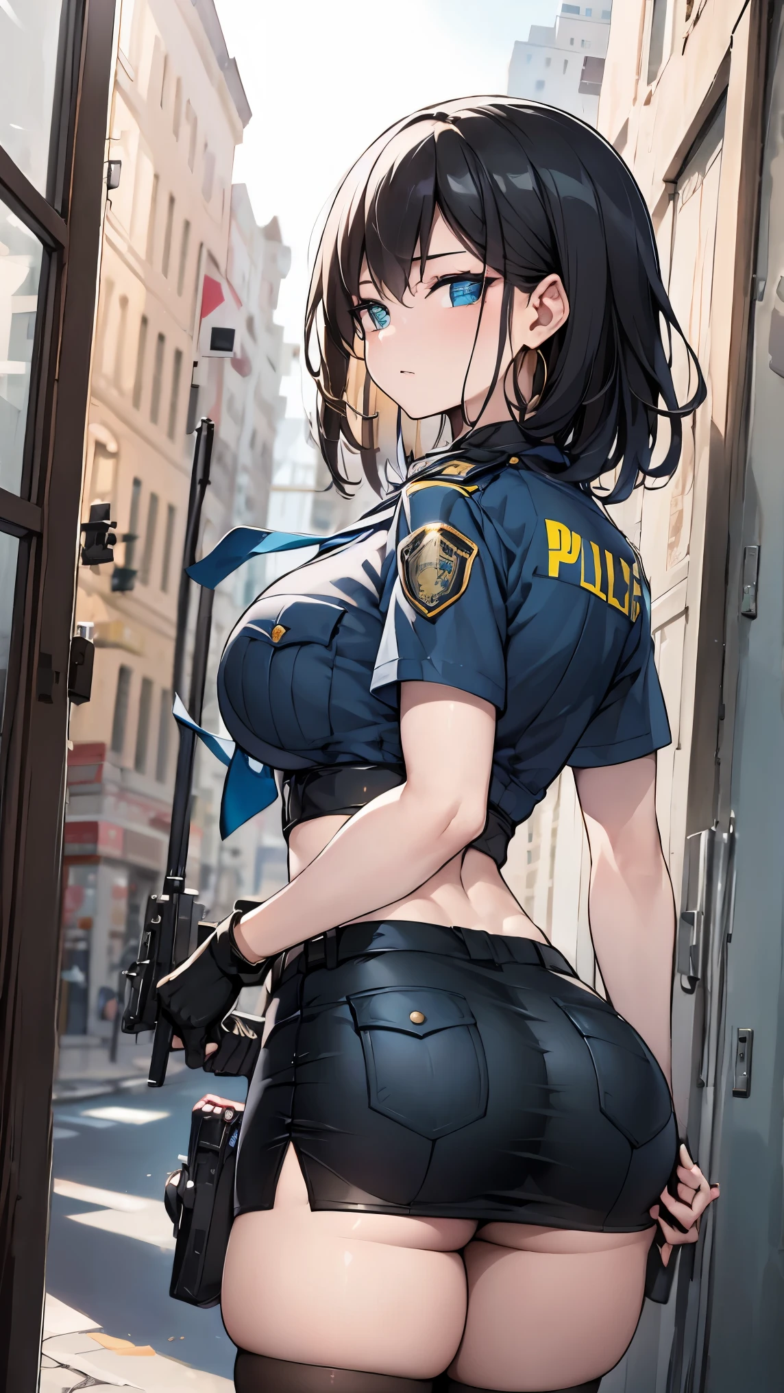 police officer, holding a handgun, black hair, gunfire, masterpiece, high details