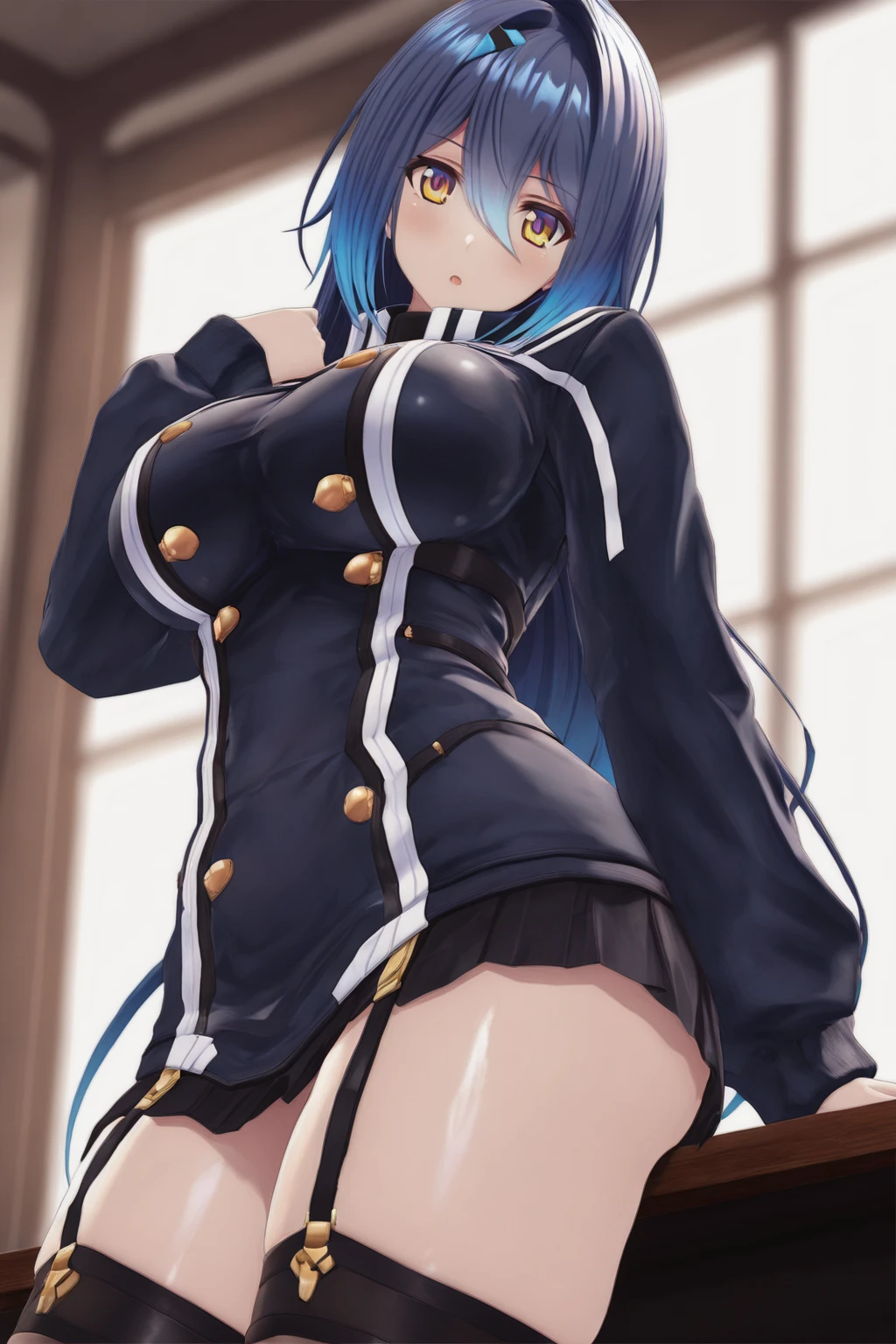 masterpiece, best quality, hyper detailed, ultra detailed, 1girl, solo, solo focus, library room, high school girl, superhero, blue and white leotard, black hair, bare legs, boots, matching gloves, heroic, hand on hip, standing, solo, single