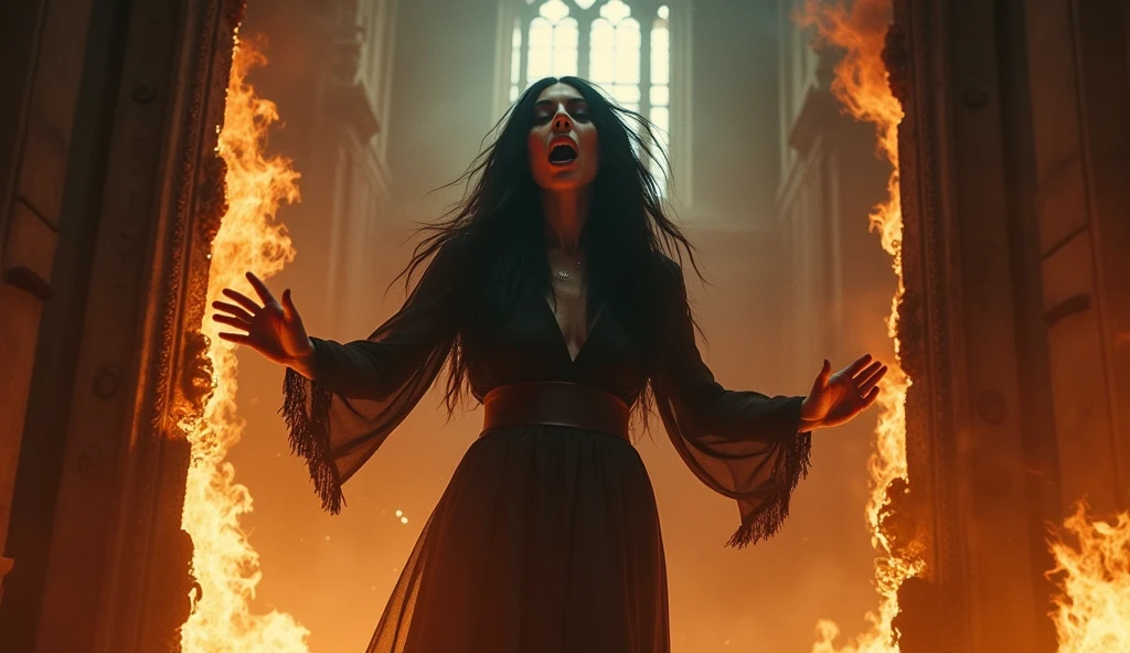 a witch looking at the camera with the background burning and she laughing very scary