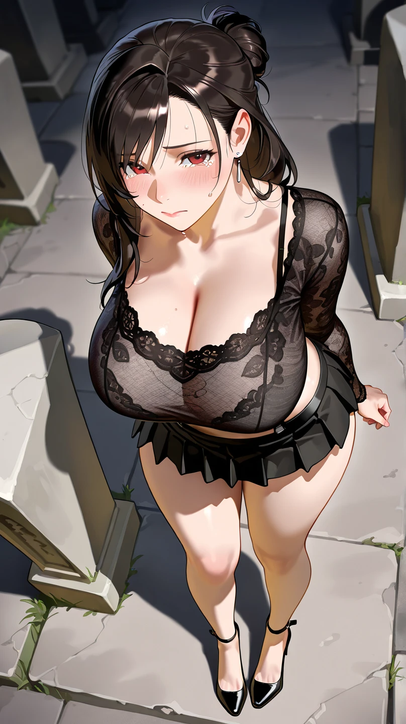 brunette teenager, crying in an apocalyptic world, very big breasts, with a low-cut red dress