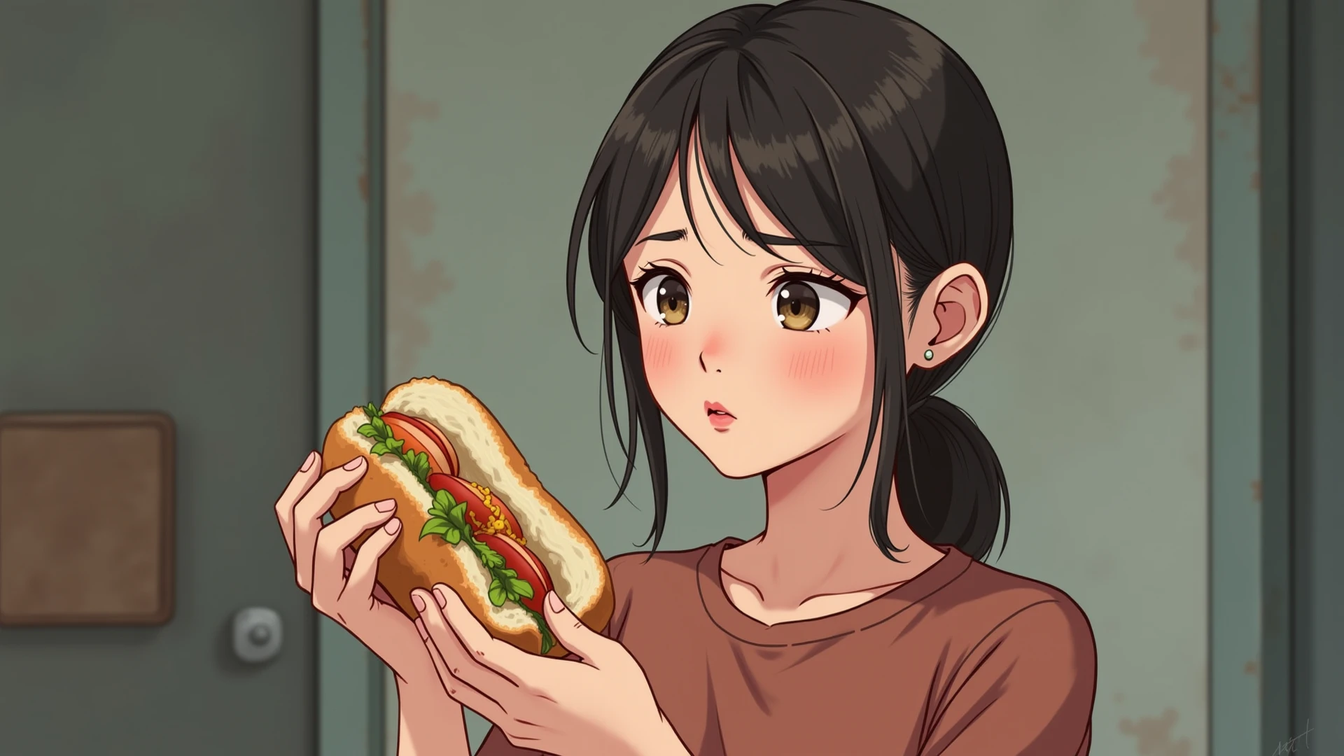 Highest quality, High resolution, 1.female, Reluctance Nausea Black eyes (Cum in a small lunchbox:1.4) Cute Looking down Pink polo shirt Short hair, Black Hair, seiza, Focus on face, large amount of semen in mouth, man ejaculating into lunch box(Subjective) Bukkake