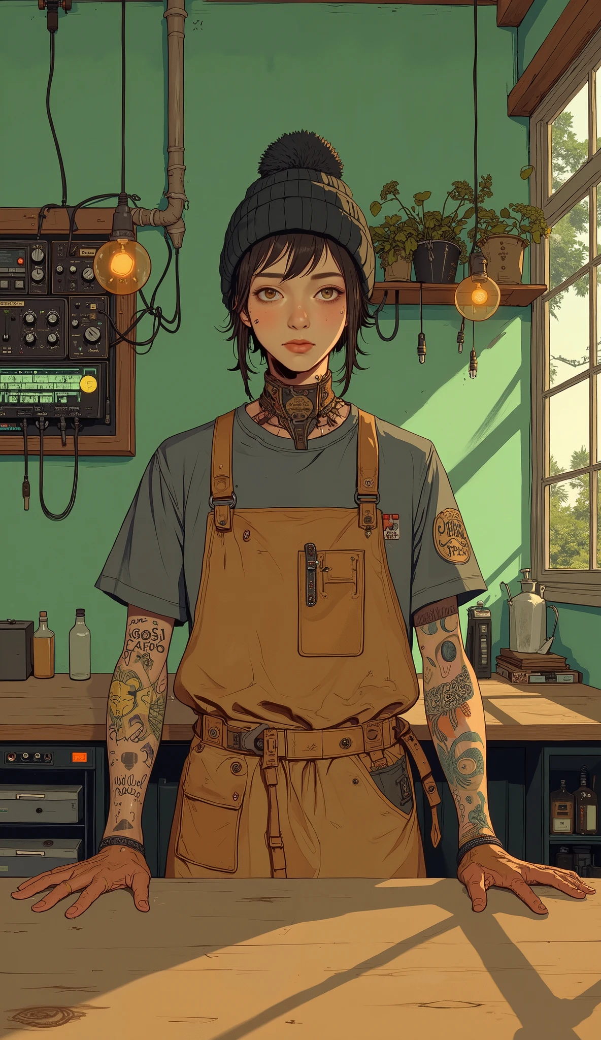 Young wooden man behind counter, features casual grey t-shirt and、Wearing a sturdy brown apron showing craftsmanship, pockets and prominent stitching. apron suggests an artisanal role, probably feels like a cafe or workshop. suggests a creative or musical environment, a dark knitted beanie is displayed on his head. partially visible tattoo on arm illuminating green background, blends with his overall look. Background, combines warm decor with the latest equipment, conveys a harmonious blend of industry and tranquility, he stands in a. natural light pours in through the window, It creates a gentle contrast with the earth tones of the, interior illuminating the green background. This scene、adds a relaxed touch of style to his outfit.