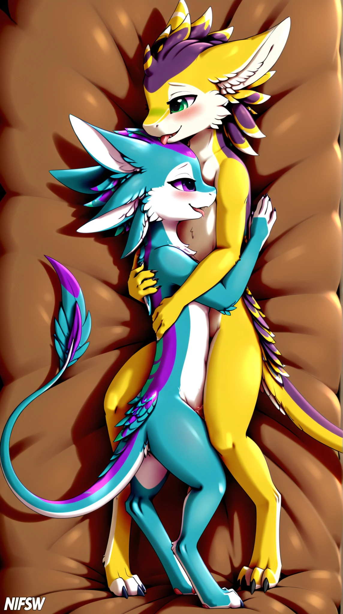 Duo, score_9,score_8_up,score_7_up, source_cartoon, kemono style, Audie from animal crossing, Anthro orange wolf girl, and ankha from animal crossing, Anthro yellow cat girl, naked, they are cuddling on a bed