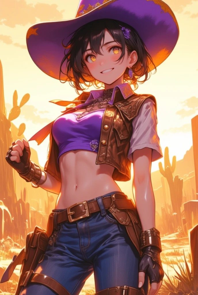 1girl, purple cowboy hat, purple bra, brown vest, short sleeves, navel, blue jeans, brown boots, fingerless gloves, short gloves, belt, sly smile, short hair, black hair, parted hair, hair pulled back, gold eyes, American Old West, sunny desert background, cactus, dried grass. best quality, masterpiece. 