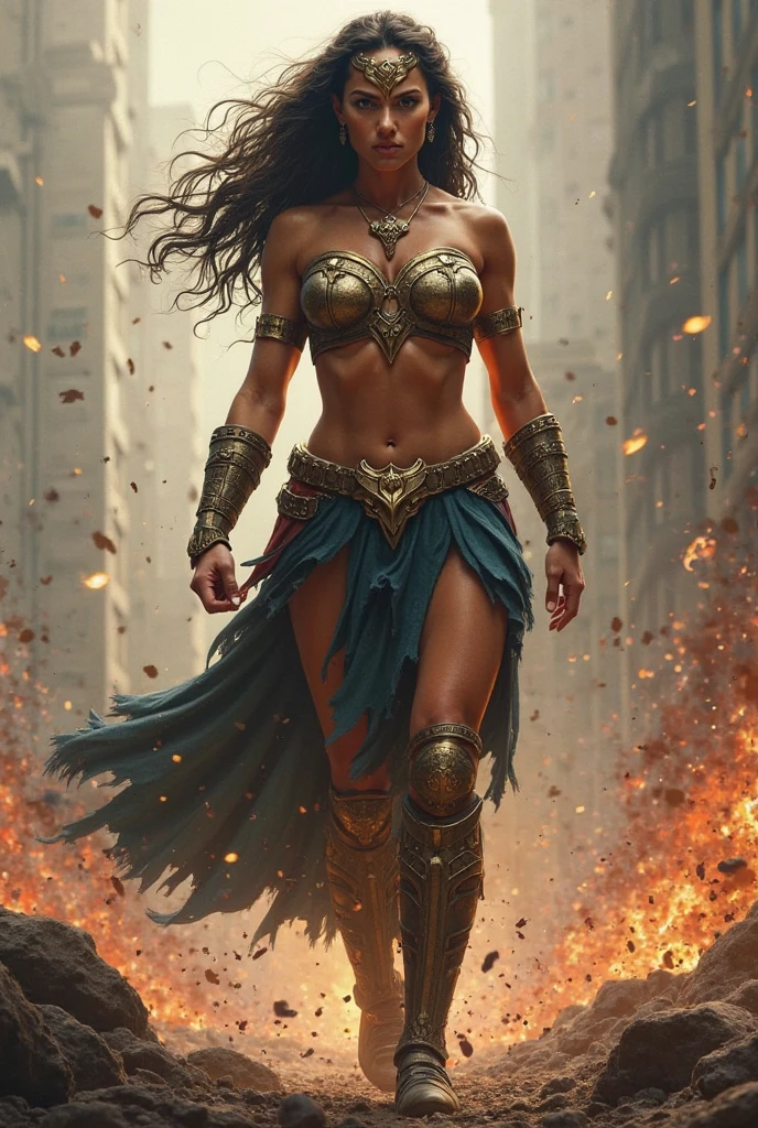 Epic battle scene with debris and fire in the background, smoke, Female spartan warrior wearing intricate battle armored made out of Diamonds, burgundy Cape, black war paint with a golden (oni mask) , she's holding a sword in each hand, kneeling in one knee with both arms stretched out on either side of her body with her head up looking like a Superhero pose, shallow depth of field, cinematic light, soft light (RAW, analogue, Nikon Z 14mm ultra-wide angle lens, award-winning glamour photograph, ((best quality)), ((masterpiece)), ((realistic)), tessellation, ambient occlusion, ray-tracing, subsurface scattering, radiant light rays, high-res, detailed facial features, high detail, sharp focus, smooth, aesthetic, extremely detailed, (extremely detailed eyes, extremely detailed iris), extremely detailed hair, extremely detailed skin, extremely detailed clothes, octane render, photorealistic, realistic, post-processing, max detail, realistic shadows, roughness, natural skin texture, real life, ultra-realistic, photorealism, photography, 8k UHD, photography, hdr, intricate, elegant, highly detailed, sharp focus, stunning, beautiful, gorgeous), 8k, intricate, elegant, highly detailed, majestic, digital photography, (masterpiece, sidelighting, finely detailed beautiful eyes: 1.2), HDR, wide angle camera, full portrait, full body