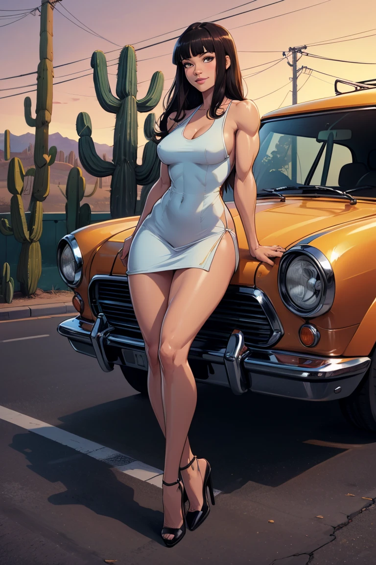 (beautiful and bold black woman, seductive and attractive, blue eyes, pointed breasts, long curly black hair, sweaty body with runny body paint, barefoot, thick legs). (deserted road, dirt road, blood, smoke, abandoned cars, newspapers, abandoned objects, bodies lying on the ground, abandoned road, apocalyptic scenery, cinematic effect), (Best quality, masterpiece, depth of field, Full HD, 4K, richness of detail). Portrait style