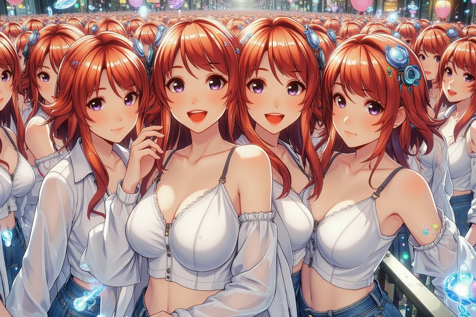 (masterpiece, best quality), best resolution, (2heads:1.5), 1girl, orange hair, green eyes, open mouth, surprised, excited, yellow t-shirt, black short pants, nightclub dance floor, speech bubbles