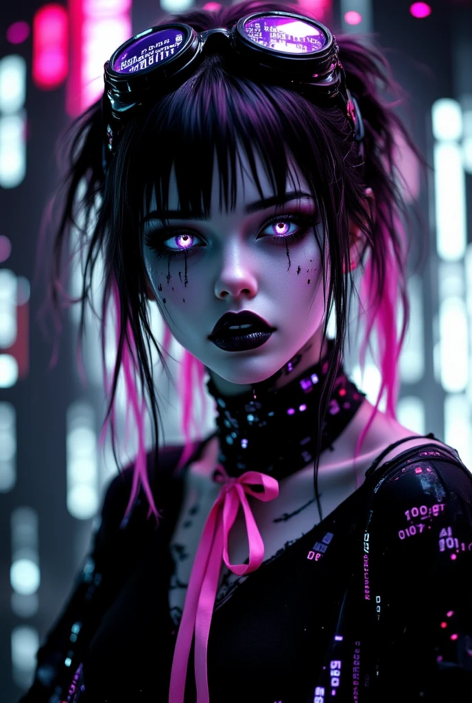 Un personnage dans le style d'Hôtel Hazbin avec les critères suivants, punk, fluorescent green, fluorescent purple, mint green skin, elf ears, personnage féminin, Hôtel Hazbin, cheveux noir mèche verte et mauve, t-shirt noir avec tête de mort verte, veste en cuir avec épaulette avec des piques mauve, pentalon pas d'eph en cuir
