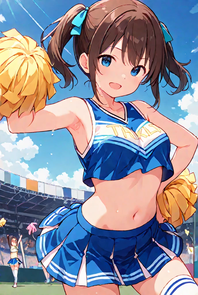 Highest Resolution,Highest quality,((Cheerleader holding a sports drink)),sunny,Tears and saliva dripping,Brown hair ponytail,Sweating profusely,whole body,Belly button,Abdominal muscles,Crying face,