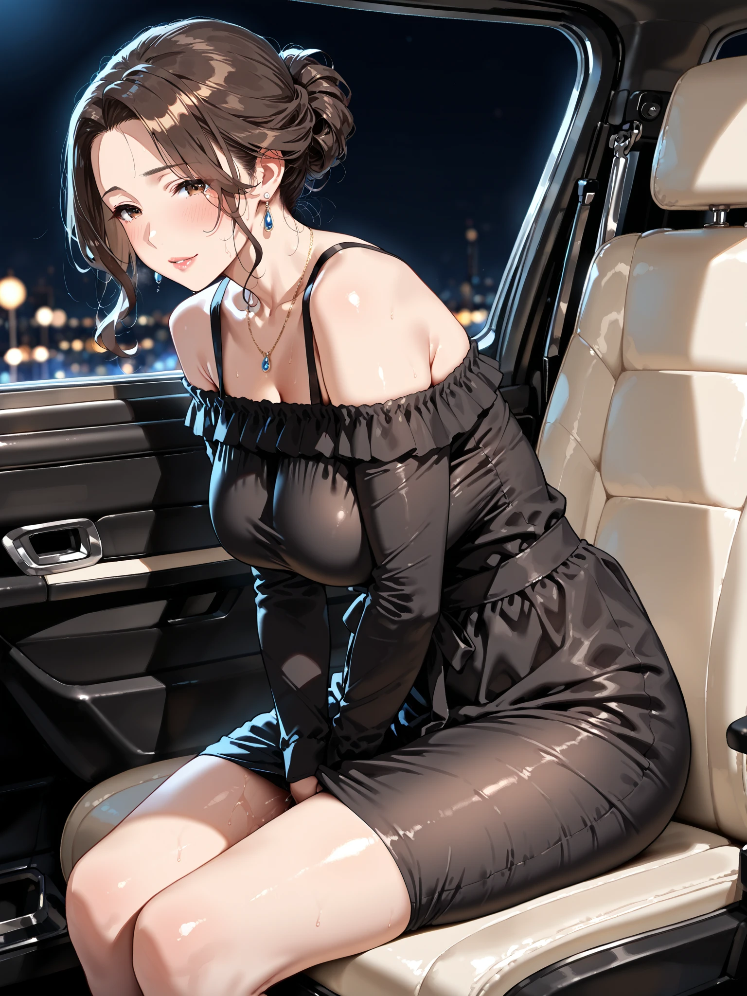 (((masterpiece))),(((High resolution)))、Beautiful office lady wearing black sleeveless sweater and pencil skirt, Looking at the camera, ((Top quality eyes)), Detailed face, ((Detailed Texture)), hentai, in the super car driver’s seat