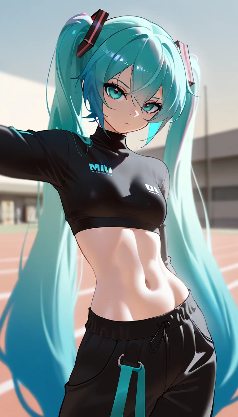 hatsune miku getting breasts grabbed, wearing tight galaxy print leggings with a cameltoe, medium breasts, wearing a galaxy print sports bra