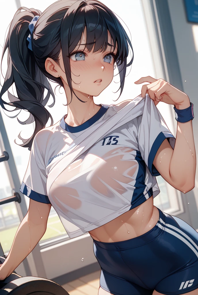very cute and beautiful girl,(highly detailed beautiful face and eyes),(seductive smile),looking at viewer, (navyblue buruma),white training shirt,short sleeve, standing,elegant pose,detailed legs,locker room in training gym,black hair, (best quality,masterpiece),absurdres,highres,ultra-detailed,extremely detailed,32k,8k resolution, intricate details,cinematic scene,detailed background,solo,dynamic angle,(realistic),