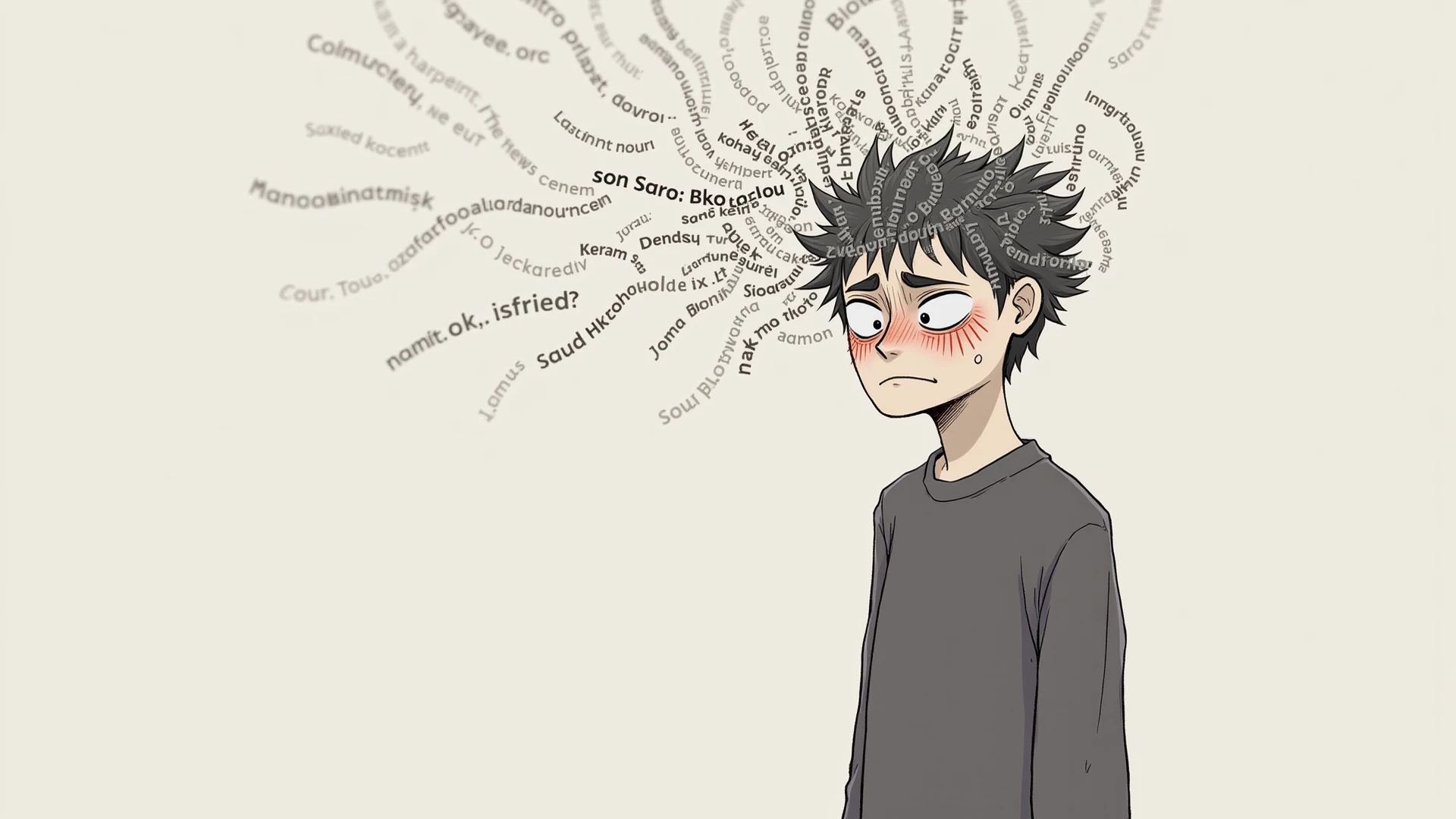A person, maybe a young adult or teenager, surrounded by several thought bubbles or wavy lines filled with various concerns, as a school, work or social situations. The person seems overwhelmed, with a frown, holding your head in your hands or staring anxiously into space. The background is simple and discreet, with soft colors, allowing the focus to remain on the intense and chaotic representation of concerns.