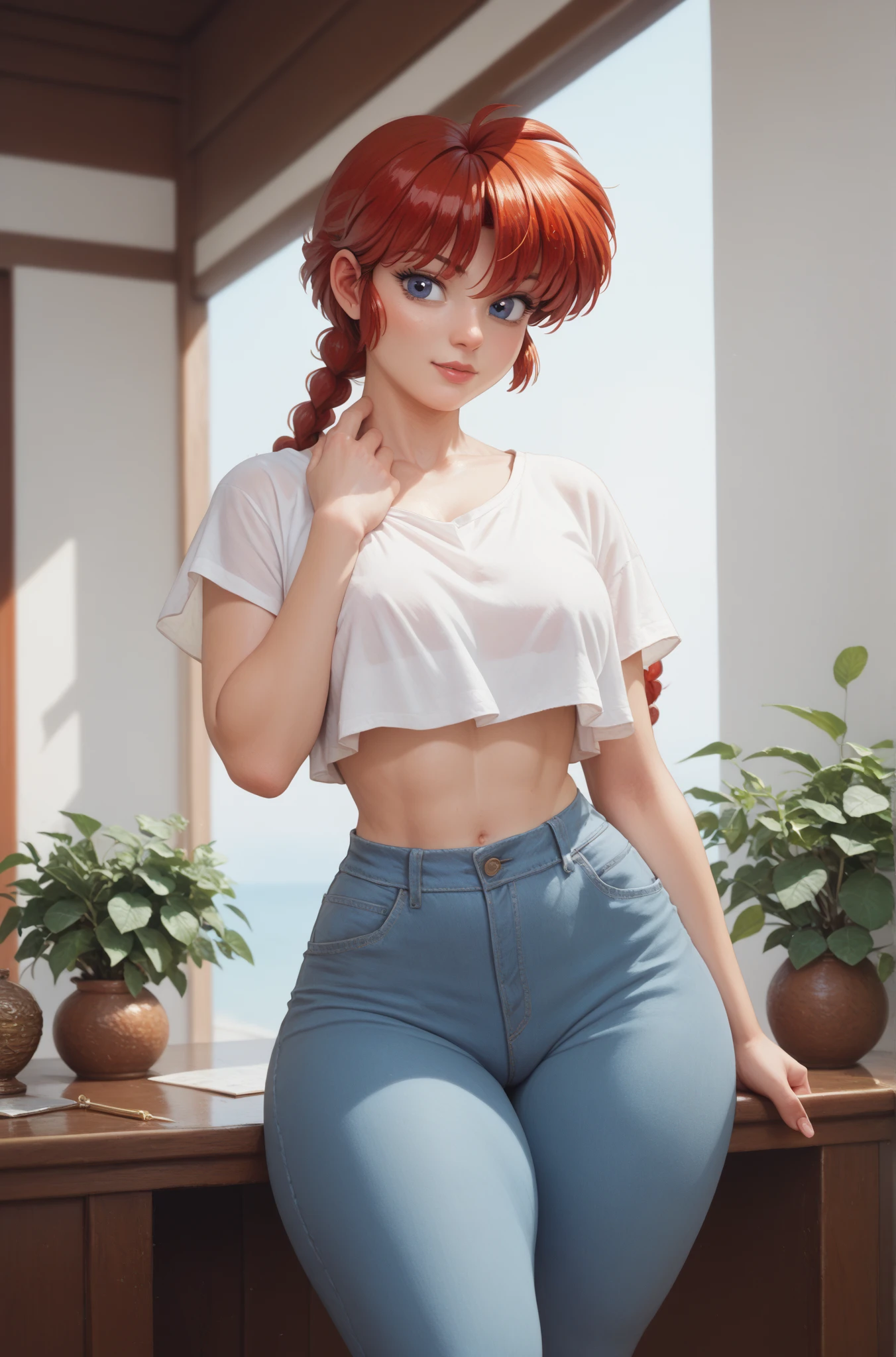 Garota triste anime ruiva na chuva, Garota anime em meio a chuva, ambiente chuvoso. com roupas molhadas encharcadas na chuva, 16 anos, agachada, sentada com pernas cruzadas, corpo bonito, seios grandes, with hands behind head, running your hands through your hair, garota sexy, red hair with braid, beautiful lighting, sombras suaves, olhos azuis, pernas bonitas, hair with braid, estilo anime, Ranma Chan, Autora Rumiko Takahashi, Baseado em obra de Rumiko Takahashi, Anime Ranma 1/ 2, decote sexy, quadril robusto, corpo inteiro, corpo completo, busto grande, garota jovem com corpo belo e bonito, sandals on his feet, garota 16 anos jovem baixa estatura, roupas molhadas chovendo, garota anime, estilo anime, beautiful feet in sandals, sitting on the floor, 45° viewing angle, chuva forte