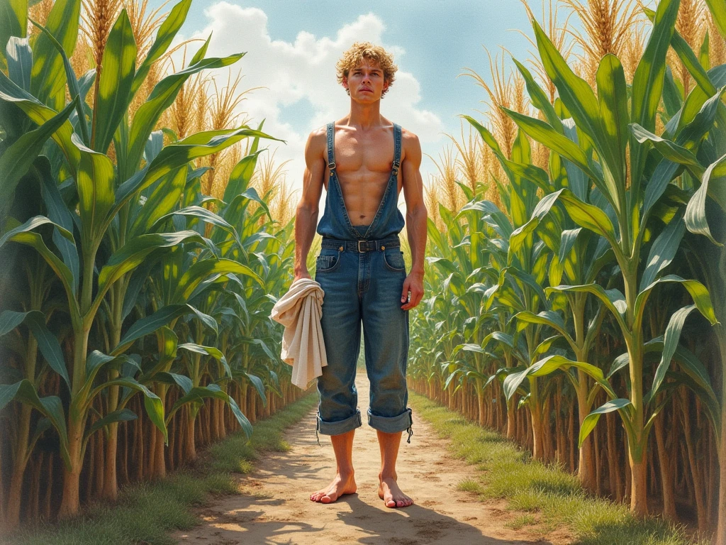 amercian_rococo+norman_rockwell+American_Realism, old south lousiana, 19th century, cotton plantation,  A young blond, optimistic countenance, big blue eyes, Oval face,  thick lips, flat nose, menton corazon, Strong, toned, slim athletic body,, barefoot in blue overalls, Shirtless man works harvesting cotton in field in background of white 3 story 6 column mansion, a large garden