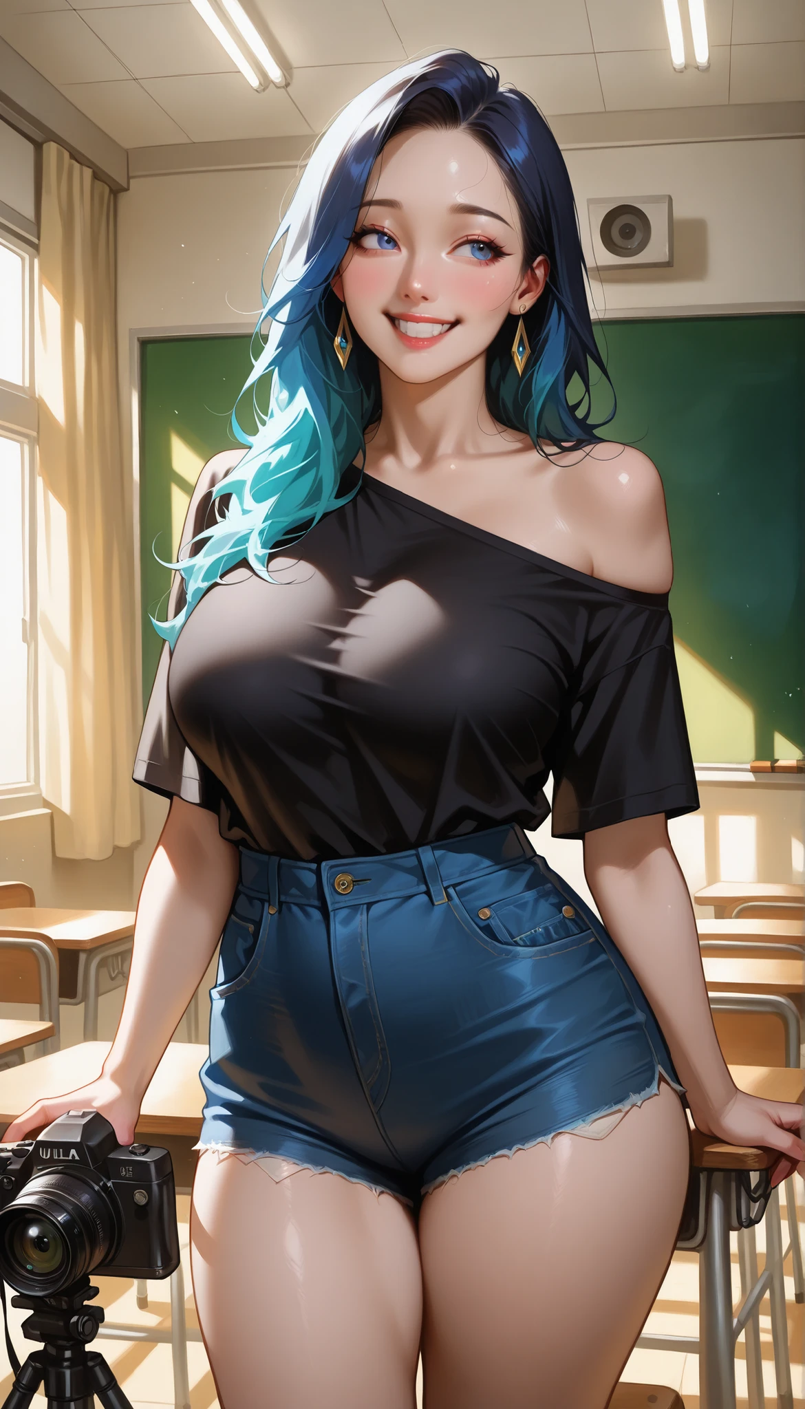 nipslip, beautiful smiling (freckled:0.7) woman, large breasts, in off shoulder shirt, tight shirt, hotpants, classroom, looking at the camera, eye contact shot on CineStill 800T, ((ultra realistic detailed skin)), ultra skin texture, skin imperfections, intricate details, 32k, cinematic composition, professional color grading, cinematic lighting, ((low key)), (((film grain))), atmosphere, wondrous
