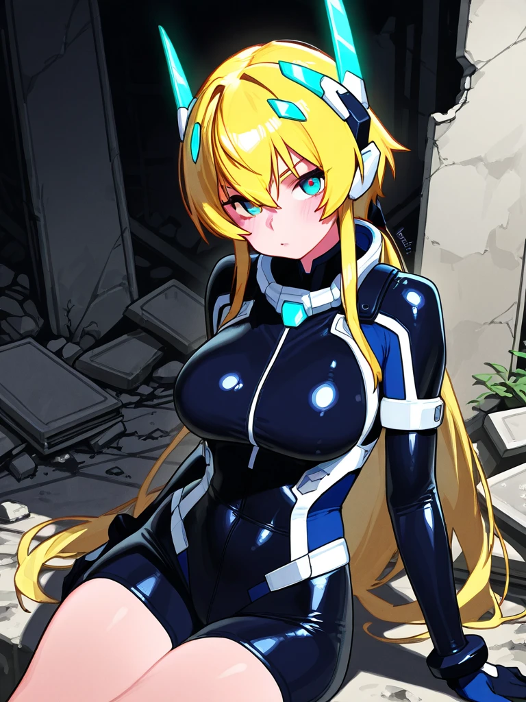 masterpiece, best quality, extremely detailed, 1girl, milf, solo, shalsha, (huge breasts:1.3), (((blonde hair, long hair, ponytail, blue eyes))), parted lips, (((fortified_suit, green plugsuit))), naughty smile, (closed mouth), ((arms behind head, dystopian city, cloudy sky))