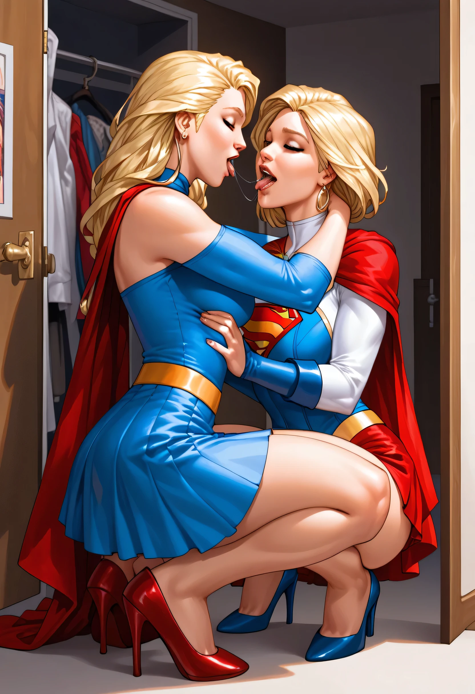 obra-prima, melhor qualidade, 2 s, Two plus-size women in Supergirl and Powergirl uniforms found locked in the closet. beijo, hug, (na parede ), (suor:1.2), par, (corar), (trace of saliva), bunda grande, saia levantada, calcinhas de renda, meias altas, Ligas, high heels, mamilo proeminente, cabelo loiro, squatting .