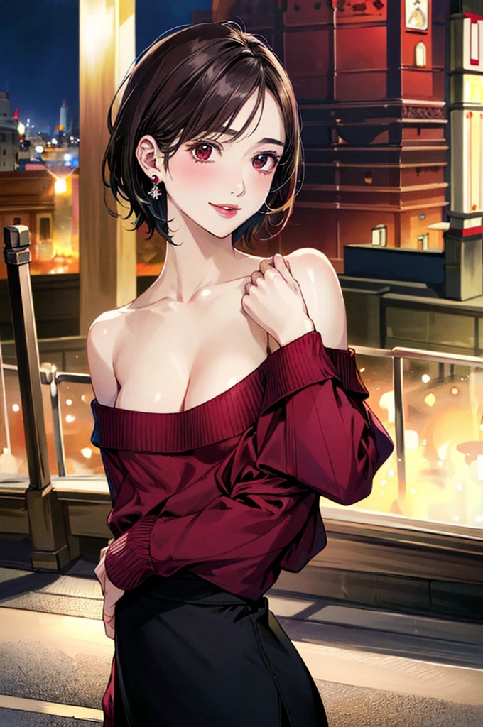 (masterpiece:1.3, Highest quality, Ultra-high resolution, Super detailed), (Realistic, photoRealistic:1.4), Beautiful illustrations, Perfect lighting, colorful, Depth of written boundary, Beautiful detailed hair, Beautifully detailed face, Beautiful fine details, Droopy eyes、Beautiful clavicle, Beautiful body, 美しいLarge Breasts, Beautiful thighs, Beautiful feet, Beautiful fingers, View Viewer、Front view:0.6, Beauty1人, Japanese, Beauty、30 years old, Perfect Face, (Perfect Anatomy, Anatomically correct), Cute and symmetrical face, , , Shiny skin, (Red long sleeve knit A-line dress:1.4、with thin belt) 、(short boots:1.3)、(Dark brown hair, Updo Hair:1.4), braided bangs、Dark brown eyes, Droopy eyes、Large Breasts, Slim body, necklace, Small earrings:1.1, (Beautiful views), (night), (city, cityscape in the distance), Riverside、(Sitting cross-legged on a bench)、 A soft smile、(Smile, Lips parted),