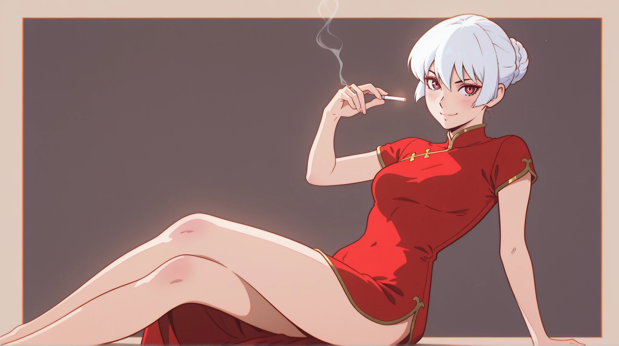 1girl,20s,solo,serious,blonde hair, short hair,high ponytail,cow ears,(((smoking,sitting,crossed legs,))),red dress,double bun,bun cover,china dress,chinese clothes,short sleeves,((horns)),glasses,(white background,line drawing),