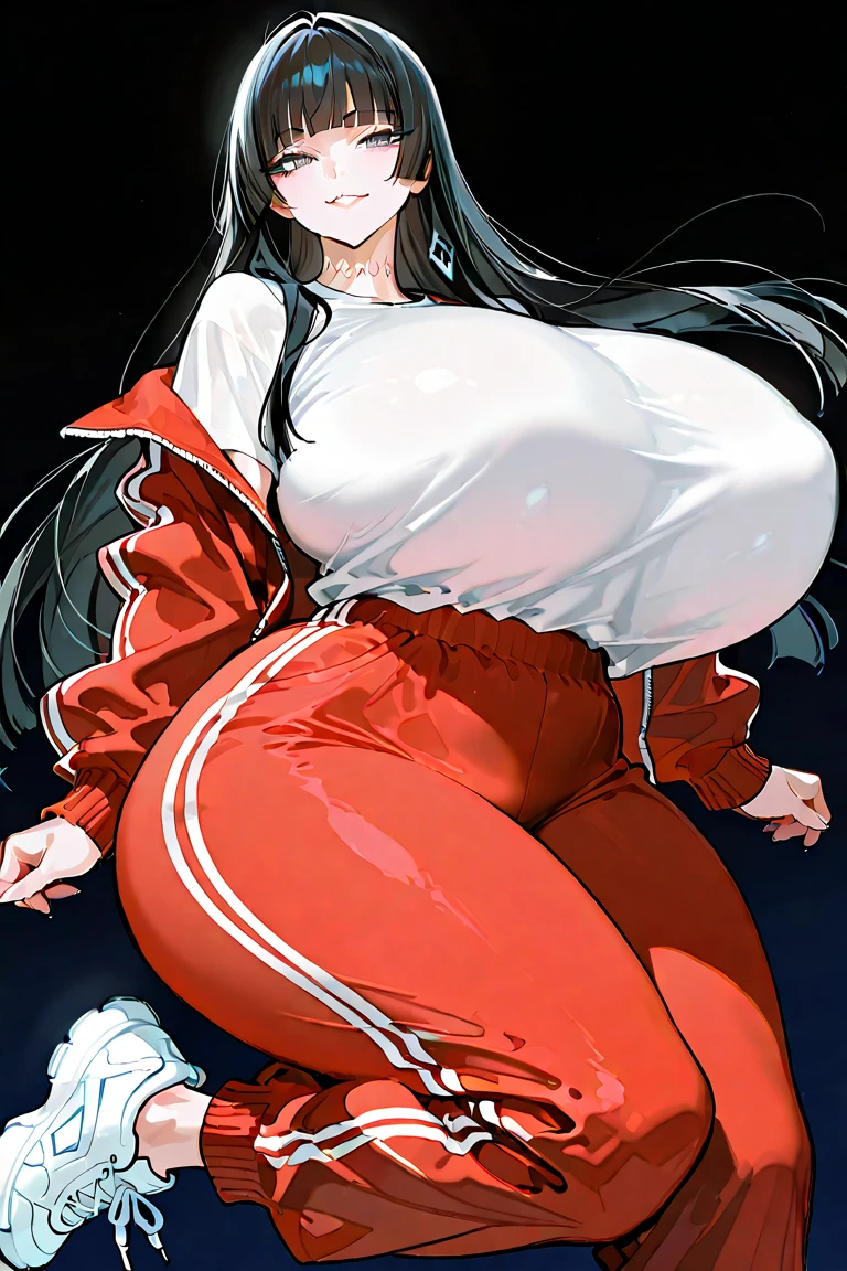 Kirigaya Suguha \(Sword Art Online\), Kirigaya Suguha from Sword Art Online, ((big breasts, big ass, wide hips, thick thighs)), super detailed, wearing red tracksuit with red track pants and white shirt underneath, (((hot breath, red blush, sweaty, fall forest background))), zipping up tracksuit, nipples erect,