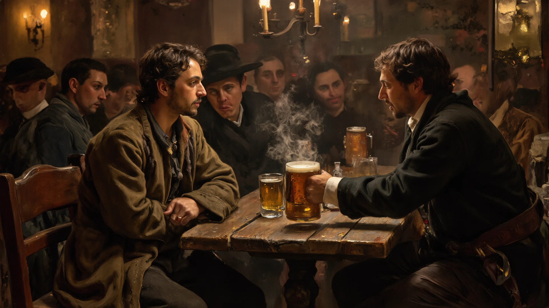 shot at night, Hyper detailed human anatomy, hyper realistic, a ordinary tavern from the 17th century, two ordinary men sitting drinking beer, they are drunk, they are happy,they are smoking a pipe, the two men are dressed in 17th century costumes, the light comes from candles on the tables, Rembrandt light effect on their faces, there are smoke on the air tavern