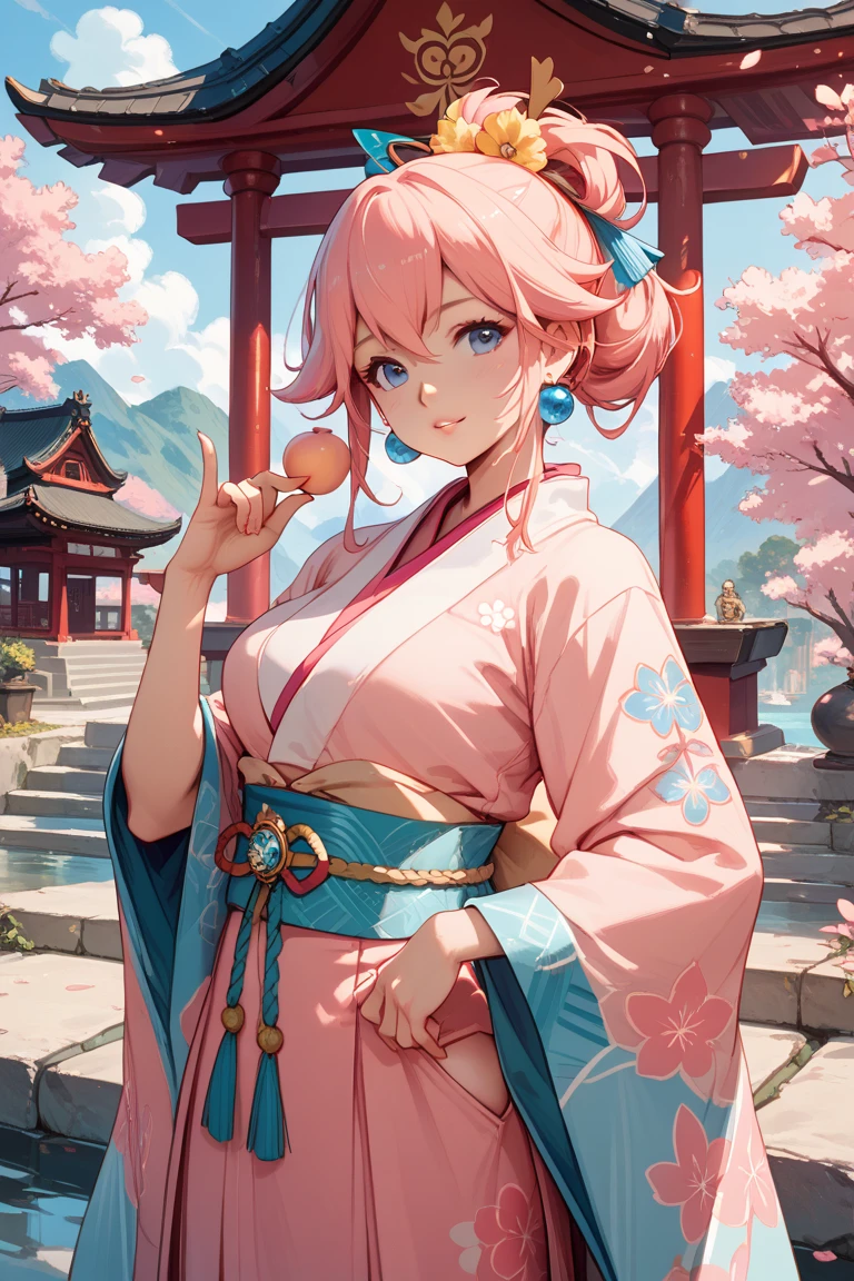 Design an image of an anime-style character with striking pink hair and large blue eyes, looking straight ahead. She wears a kimono with detailed floral embroidery and a heart-shaped ornament at the chest. She holds a large heart with both hands. Her hair is accessorized with elaborate, colorful ornaments and beads. The background should feature a lush array of flowers, creating a warm, cute, and lively atmosphere. The image should have a high level of detail and vibrant colors, emphasizing the character’s charm and the traditional Japanese elements.